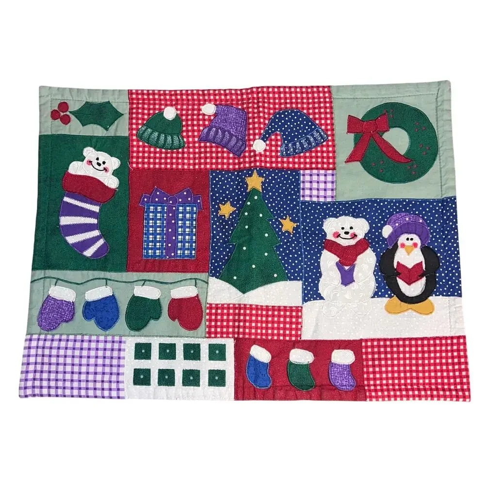 Holiday Winter‎ Quilted Embroidered Snowman Mittens …Placemats Set of Two